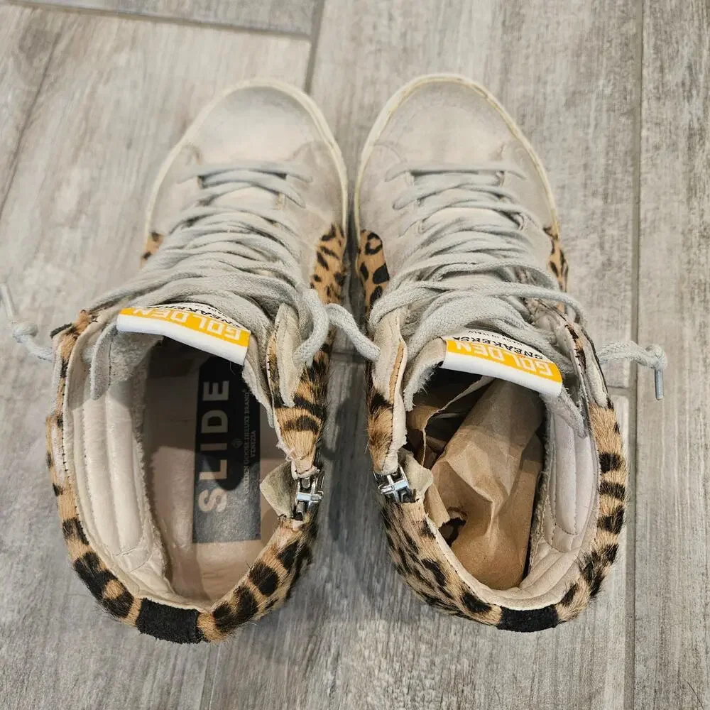 Golden Goose Slide High Top Sneakers Womens Size 37 US 6.5 Leopard Calf Hair - Picture 3 of 16